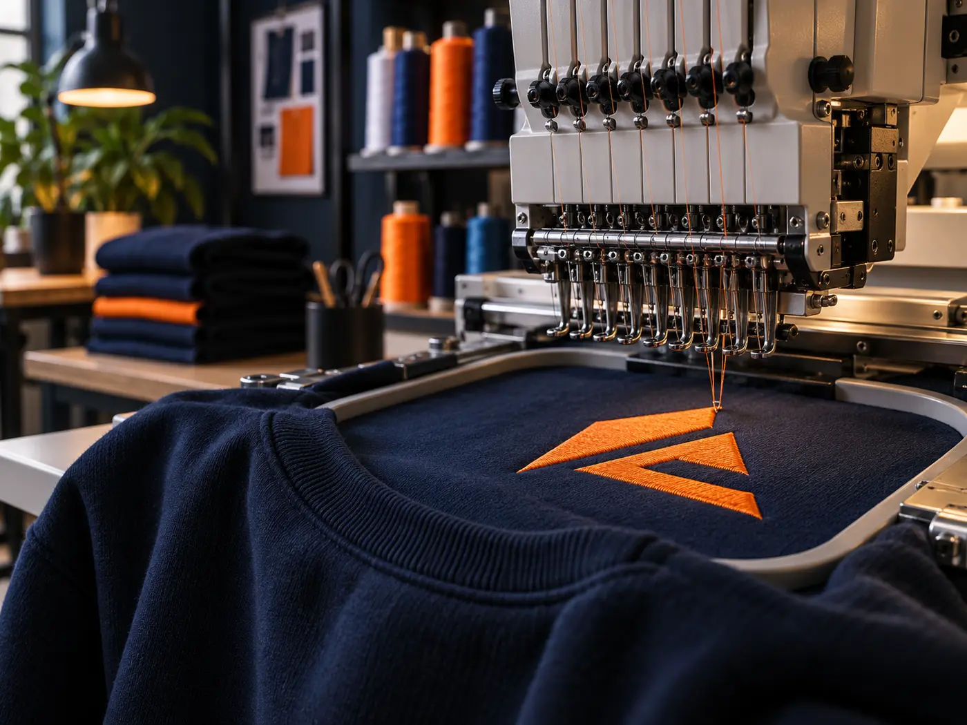 Machine professionnelle brodant un motif orange sur un sweatshirt bleu marine