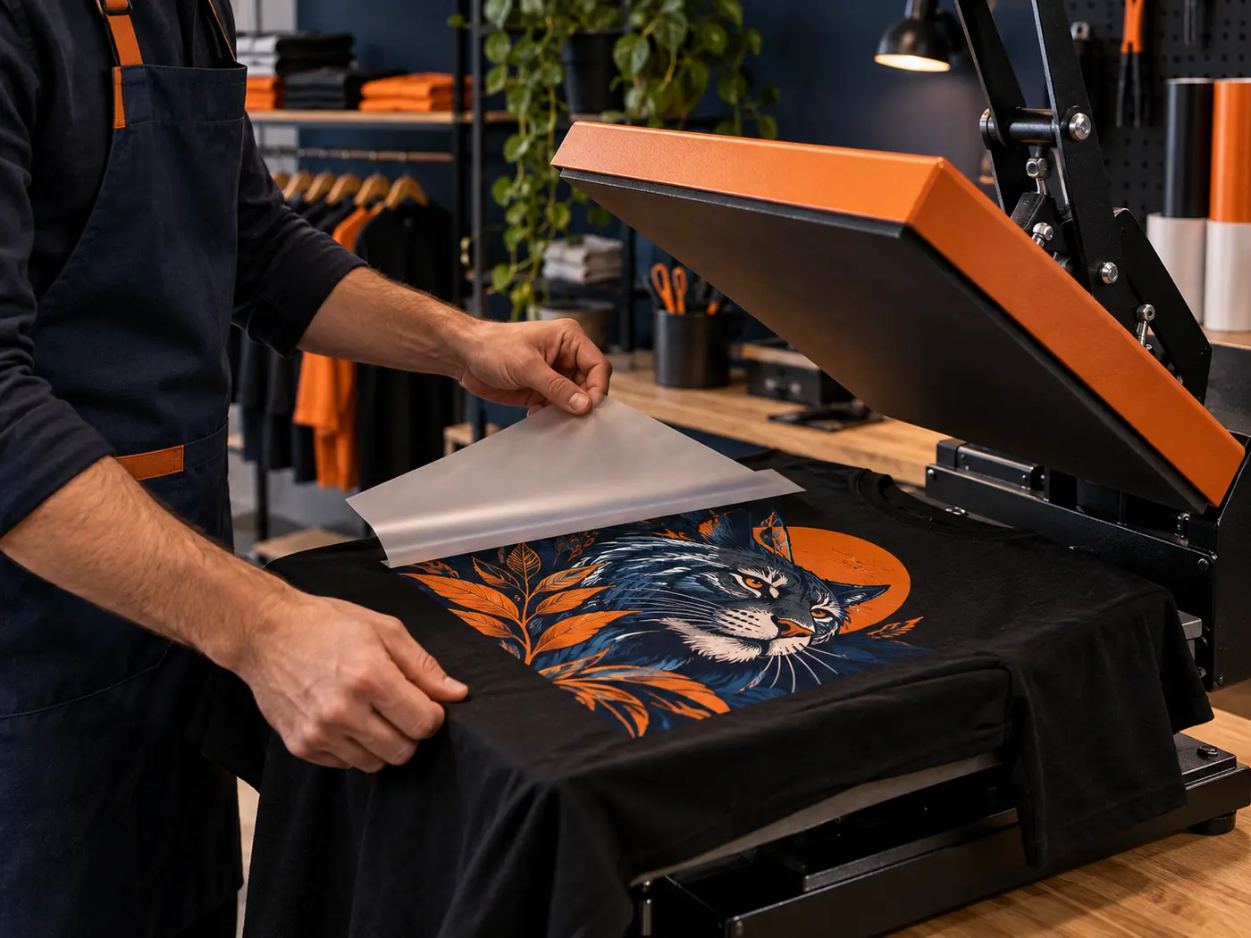 Application d’un transfert DTF sur un tee-shirt noir